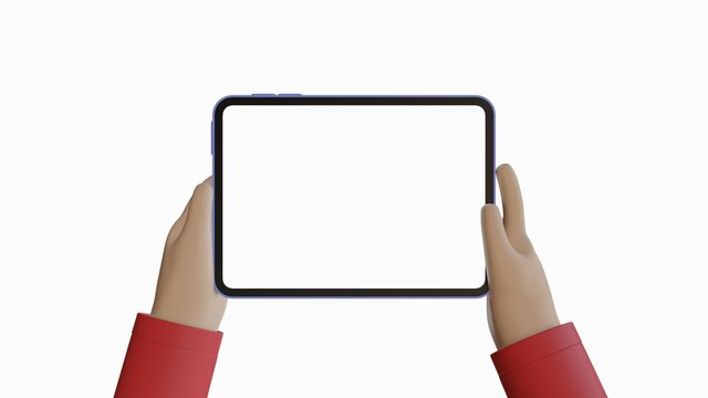 3d illustration. Device Mockup. Dark white cartoon hand holding an iPad in sleeve shirt with white background.