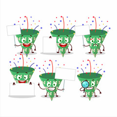 Fototapeta premium Dark green party popper with confetti cartoon character bring information board