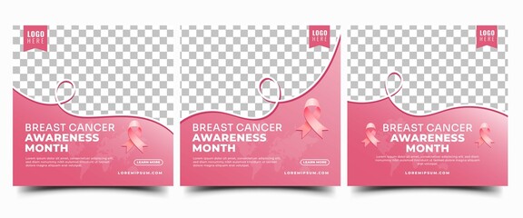 Breast cancer social media post template design collection. Editable modern banner with pink background, ribbon, and place for the photo. Usable for social media post, banner, card, and website.	