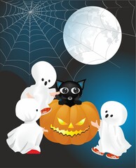 funny halloween theme with ghosts, pumpkin, cat and moon 
