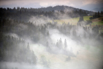 Morning mists on the Podhale slope. Mountain landscape. Podhale and Tatra Mountains views