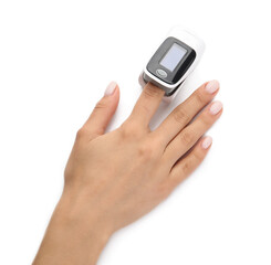 Woman with pulse oximeter on white background