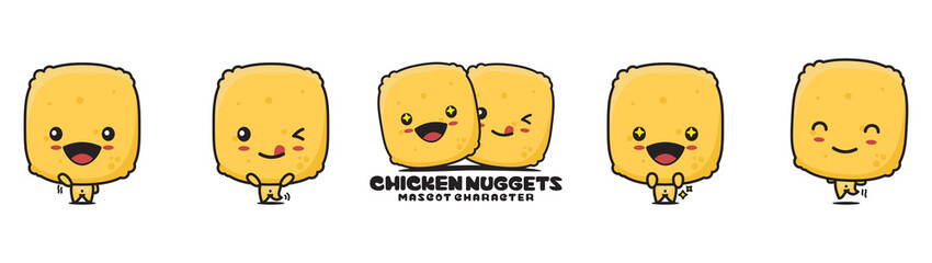 cute chicken nuggets mascot, food cartoon illustration, with different facial expressions and poses