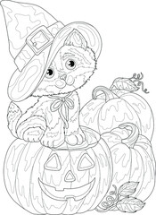 Cute cartoon cat in witch hat sitting with pumpkins sketch template. Spooky Halloween vector illustration in black and white for game, background, pattern, wallpaper, decor. Coloring paper, page, book