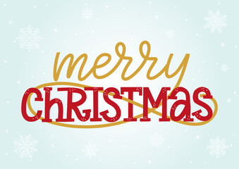 Merry Christmas modern typography on shiny snow and snowflakes background. Christmas lettering on festive snow background.