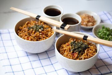 Korean hot and spicy instant noodle and seaweed