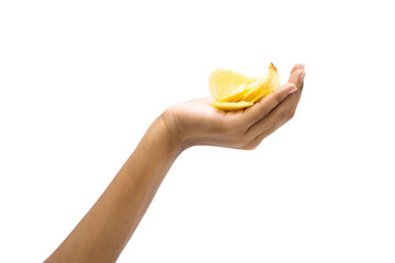 Hand holds potato chips. Isolated on a white background.