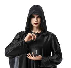 Beautiful woman dressed as witch for Halloween party on white background