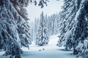 Picturesque view of snow-capped spruces on a frosty day.