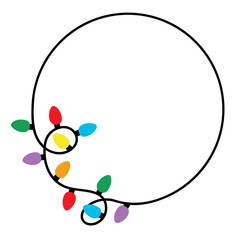 Christmas garland with colorful lights. Round frame of Christmas lights. Colorful garlands circle. Christmas monogram.
