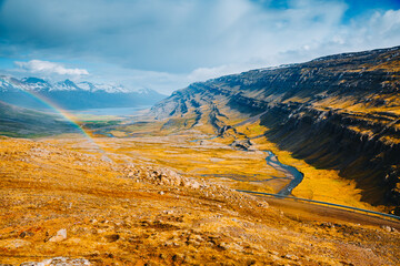 Spectacular summer view of Berufjardara river. Location place East Fjords region of Iceland, Europe.