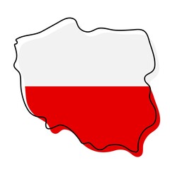 Stylized outline map of Poland with national flag icon. Flag color map of Poland vector illustration.
