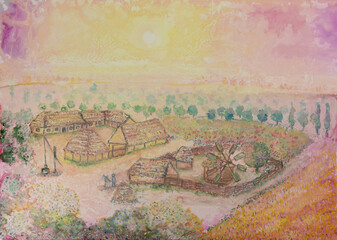 Painting of sunset over village houses and a windmill with fields and an orchard. Typical old Ukrainian village of the last century