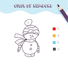 Coloring page with cute Christmas snowman. Color by numbers. Educational kid game, drawing childrens activity, printable worksheet.