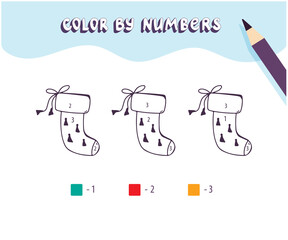 Coloring page with cute Christmas socks. Color by numbers. Educational kid game, drawing childrens activity, printable worksheet.