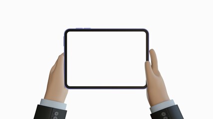 3d illustration. Device Mockup. Dark white cartoon hand holding an iPad in jacket with white background.