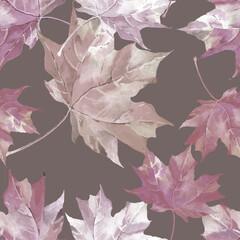 Light pink maple leaves watercolor on light brown background seamless pattern for all prints.