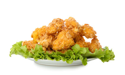 Plate with tasty fried popcorn chicken on white background