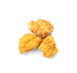 Tasty fried popcorn chicken on white background