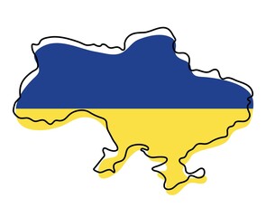 Obraz premium Stylized outline map of Ukraine with national flag icon. Flag color map of Ukraine vector illustration.