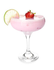 Glass of strawberry Pina Colada cocktail on white background