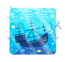 Vector cartoon illustration with sunken ship on the seabed