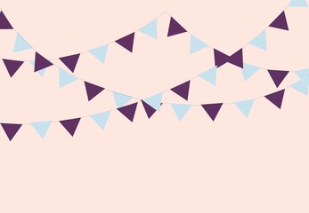 Pastel party flag garland. Bunting for birthday and fair. Colorful triangle flag for carnival. Bright bunting hanging on a string for festive. Illustration for celebration.
