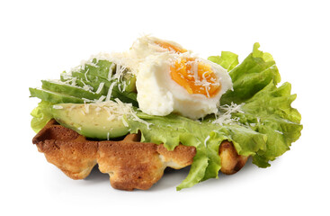 Delicious Belgian waffle with egg, cheese and avocado on white background