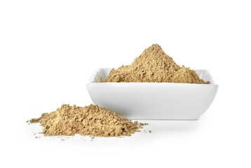 Bowl with hojicha powder on white background