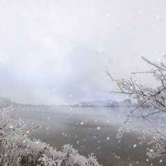 Gray winter landscape with snow and fog on a lake.  Winter background