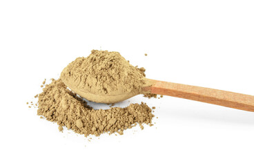 Spoon with hojicha powder on white background