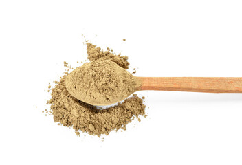 Spoon with hojicha powder on white background