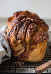 Babka or brioche bread with cinnamon and brown sugar. Homemade pastry for breakfast.
