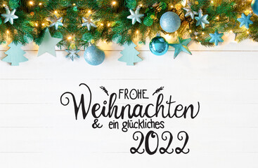 Turquoise Christmas Banner, Calligraphy Glueckliches 2022 Means Happy 2022
