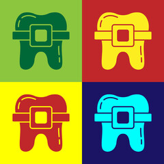 Pop art Teeth with braces icon isolated on color background. Alignment of bite of teeth, dental row with with braces. Dental concept. Vector