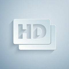 Paper cut Hd movie, tape, frame icon isolated on grey background. Paper art style. Vector