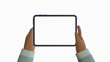 3d illustration. Device Mockup. Brown cartoon hand holding an iPad in jumper with white background.