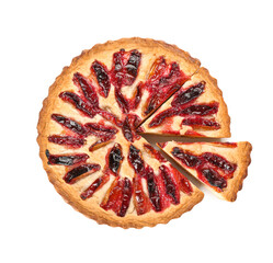 Tasty plum pie on white background