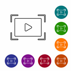 Black line Online play video icon isolated on white background. Film strip with play sign. Set icons in color circle buttons. Vector