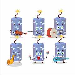 Cartoon character of light blue firecracker playing some musical instruments