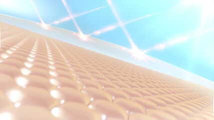 3D Rendering skin cell with UV protection. Ultraviolet shield reflect. Advertisements for cosmetics, sunblock, lotion, serum.  UVA, UVB protection