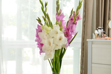 Beautiful gladiolus flowers in room, closeup