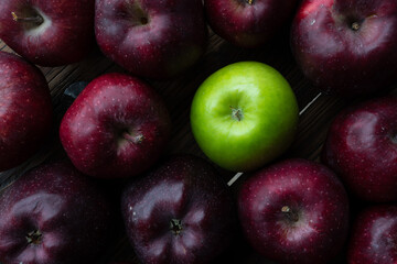 One green fresh apple with dark red apples.  yound and old.