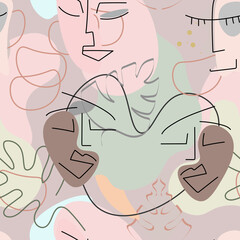 One line drawing. Abstract face seamless pattern.