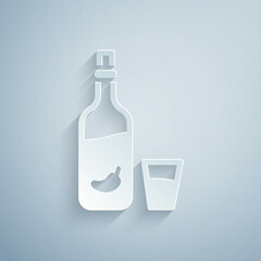 Paper cut Vodka with pepper and glass icon isolated on grey background. Ukrainian national alcohol. Paper art style. Vector