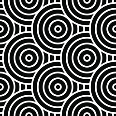 Abstract geometric circles with a contour intertwined in black and white. Seamless modern pattern for trendy fabrics, decorative pillows, wrapping paper. Vector.