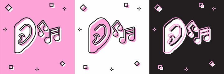 Set Ear listen sound signal icon isolated on pink and white, black background. Ear hearing. Vector