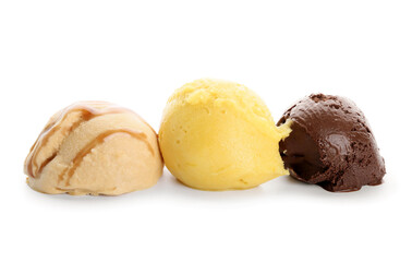 Delicious different ice cream balls on white background