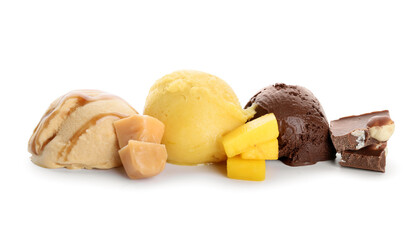 Delicious ice cream balls with mango, chocolate and caramel on white background