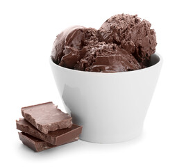 Bowl with delicious chocolate ice cream on white background